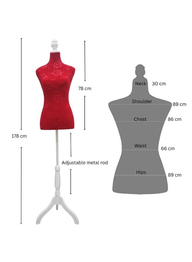 أورتوك عارضة ملابس نسائية قابلة للتعديل – جذع من المخمل الأحمر المزخرف مع حامل ثلاثي أبيض، ارتفاع قابل للتعديل 178 سم، للخيّاطة وتصميم الملابس وعرض المجوهرات - Image 2